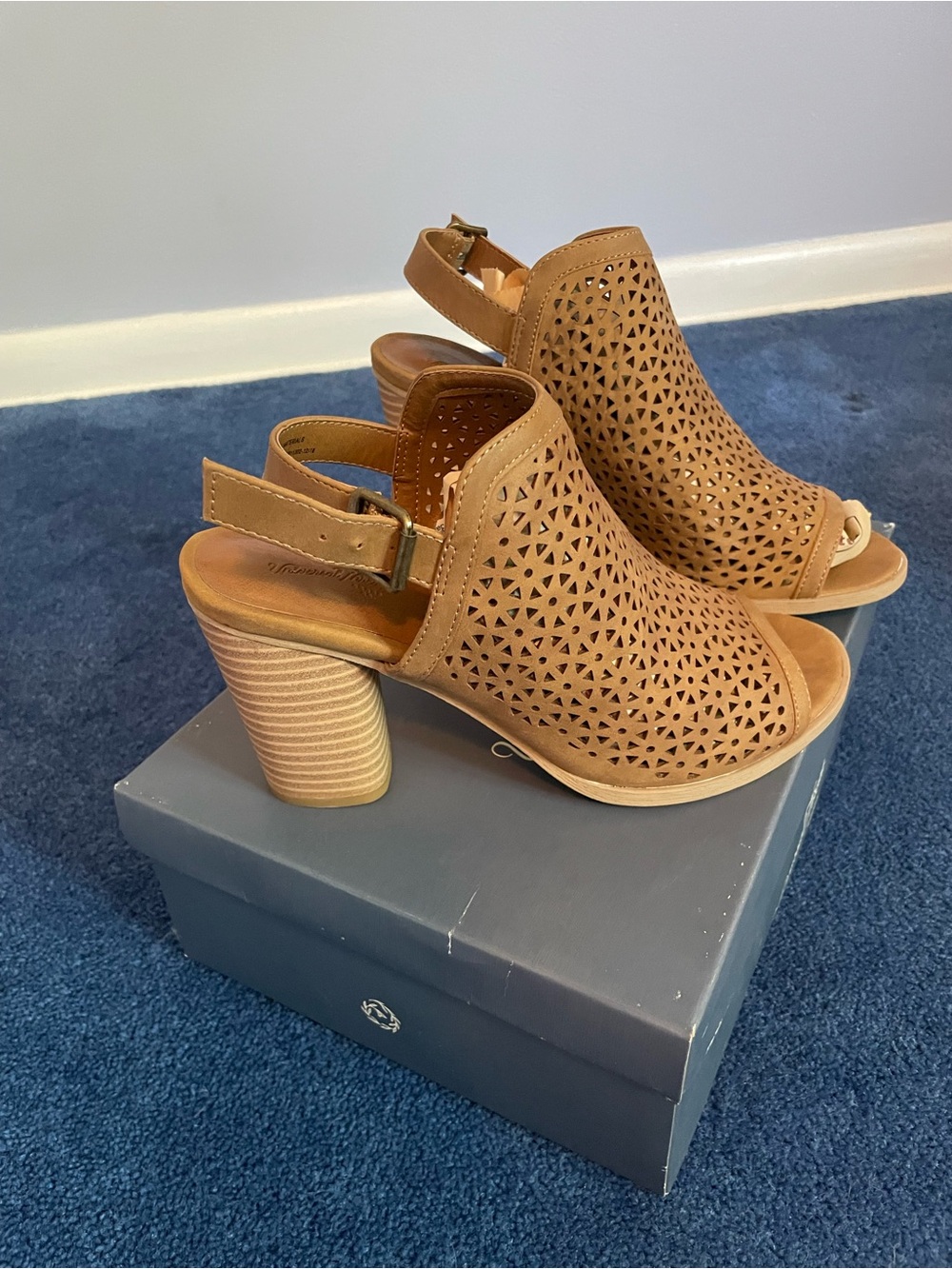 Women's Tan Laser-Cut Block Heel Sandals